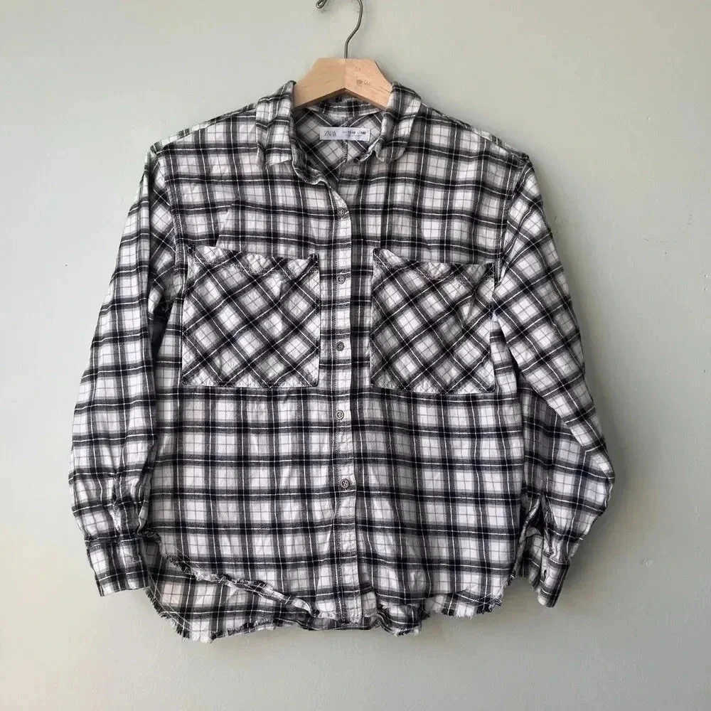 Zara Kids Size 11-12 Plaid  Check‎ Shirt Button Down Cotton Black White